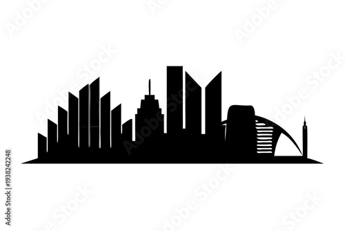 City skyline silhouette with modern skyscrapers and iconic bridge.