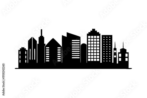 City skyline silhouette with various building heights and architectural styles.