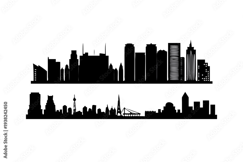 Obraz premium Silhouettes of city skylines with iconic buildings and skyscrapers.