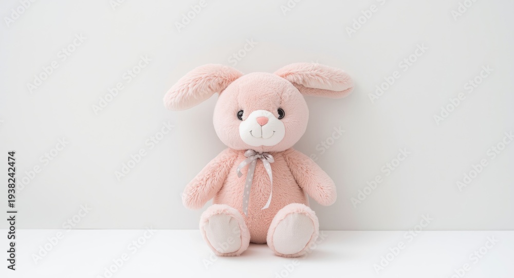 Fototapeta premium Adorable pink bunny plush toy on a clean white backdrop perfect for Easter celebrations