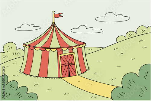 Cartoon circus tent in a field background simple vector illustration