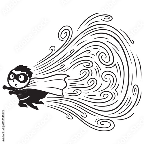 Canvastavla Dynamic Black and White Illustration of a Flying Superhero Kid with Wind Trail