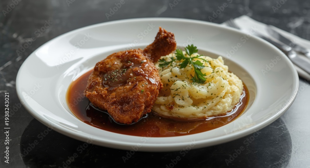Fototapeta premium Crispy fried chicken liver served with rich mashed potatoes and herbs on a plate