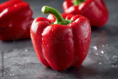 Red bell pepper with water drops on a dark stone background