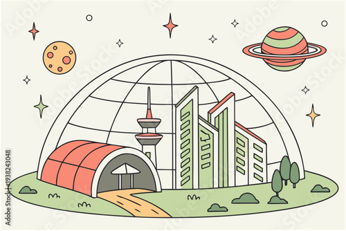 Space colony dome city cartoon background simple vector illustration
