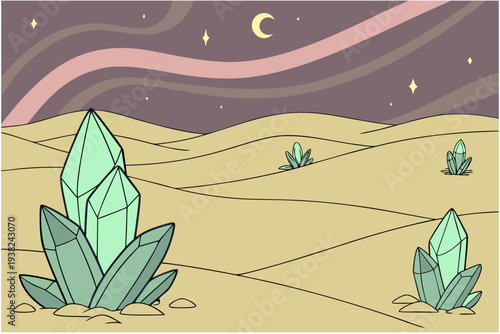 Alien crystal desert cartoon background simple vector illustration