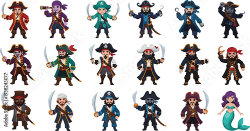 Pirate Characters Cartoon Collection with Buccaneers, Captains, Swords and Treasure Adventure Vector Illustration Set