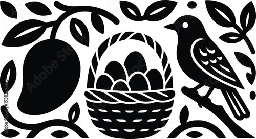 Black and white minimalist vector illustration of a bird on a branch next to a wicker basket filled with eggs and mangoes.