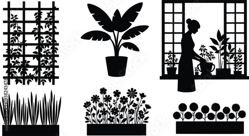Black silhouette collection featuring a gardener at a window, climbing plants on a trellis, potted tropical leaves, and various garden flower beds vector illustration.