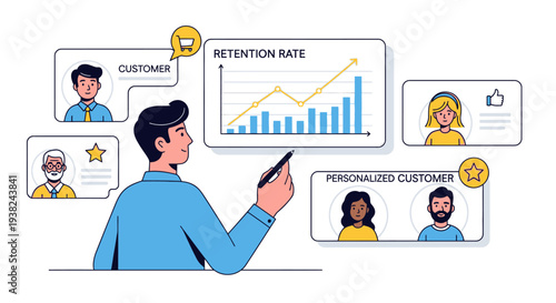 Businessman analyzing customer retention rate graph.