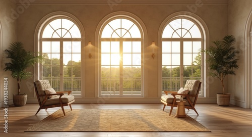 Arched windows welcoming bright sunrise light into elegant living room