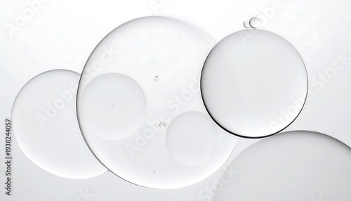 Transparent, spherical oil droplets on a white surface, displaying intricate refractions and a clean, minimalist aesthetic