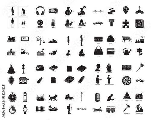 A collection of various black silhouettes on a white background, showcasing people, objects, and activities in silhouette mode