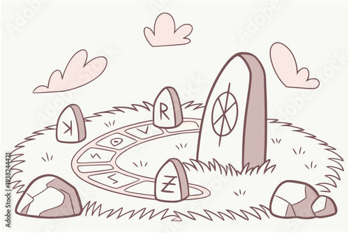Magic rune stone circle cartoon background simple vector illustration