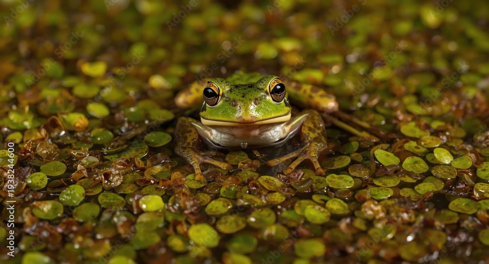 Obraz premium Close perspective of a cheerful frog on dense, vibrant pond algae