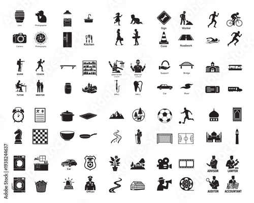 A collection of various black silhouettes on a white background, showcasing different professions and activities in silhouette