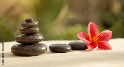 Zen stones and vibrant red plumeria flower together on a soft surface illustrating holistic health mind body soul