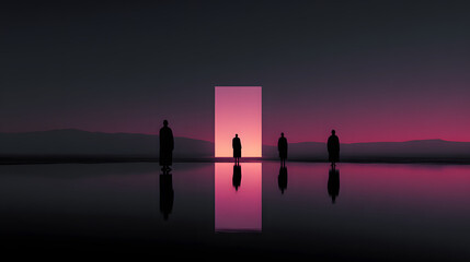Silhouettes of people near glowing portal