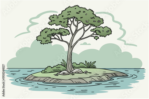 Island with a single tree cartoon background simple vector illustration