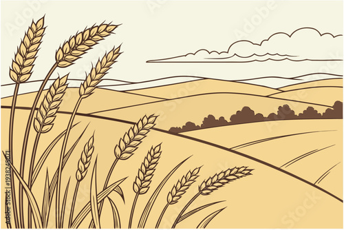 Golden wheat field landscape cartoon simple vector illustration