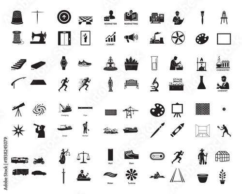 A collection of various black icons on a white background in silhouette mode