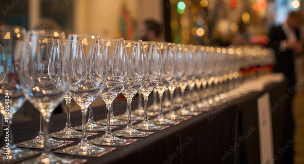 Obraz premium Elegant wine glasses in a row on a buffet table at a lively wine tasting event wide banner