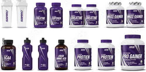 Fitness Supplements Collection with Protein Powder, Creatine, BCAA, Mass Gainer and Shaker Bottles Gym Nutrition Vector Set