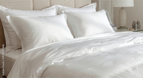 Elegant sleep space with refined white linens and cushioned pillows creating a serene mood