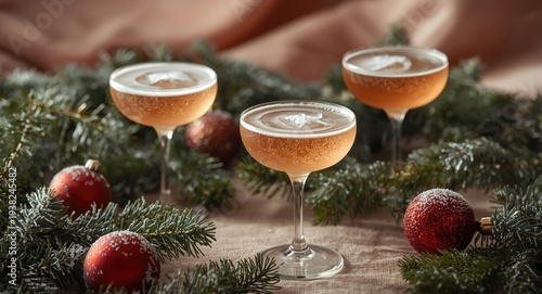 Minimal winter gathering with festive cocktails snow touched red ornaments and fresh evergreen foliage