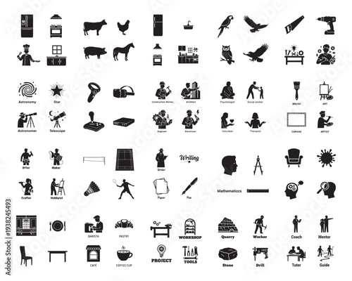 A person working on various projects in a workshop with tools and equipment in silhouette