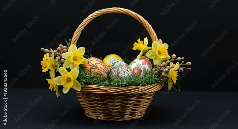 Obraz premium Decorative Easter basket holding painted eggs and narcissus blooms with catkins on dark background