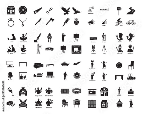 A collection of various black silhouettes depicting people at work and leisure activities silhouette