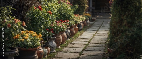 Panel kuchenny z motywem Charming garden path lined with decorative pots filled with blooming plants