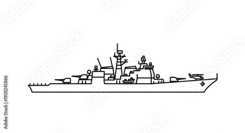 Simple Black and White Warship Illustration.