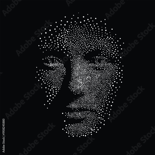 Abstract female face portrait created from white dots on black background, modern minimal art with mystery, elegance and digital style