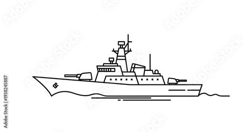 Simple Black and White Warship Illustration.