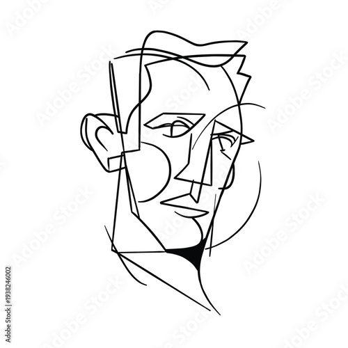 Minimalist abstract cubist face drawn with clean expressive lines. Contemporary black and white portrait illustration suitable for modern design, editorial use, posters, branding and creative projects