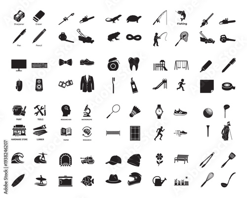 A collection of various objects in silhouette mode on a white background