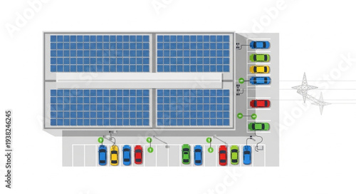 Solar panels charging electric cars in a parking lot.
