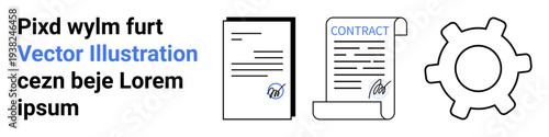 Legal agreements, business contracts, workflow management, document signing, administrative processes, corporate operations. Documents and gear icon. Legal agreements and business contracts theme