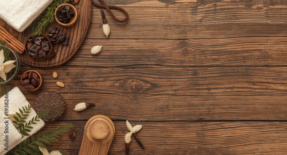 Fototapeta premium Wellness spa arrangement spread over rough wooden board with copy space