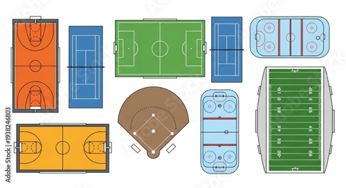 Collection of Various Sports Fields and Courts Top View.