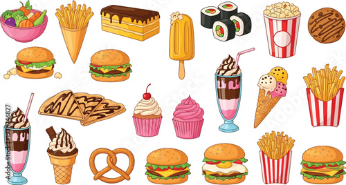 Fast Food and Desserts Cartoon Collection with Burger, Fries, Sushi, Milkshake, Ice Cream and Snacks Vector Illustration Set