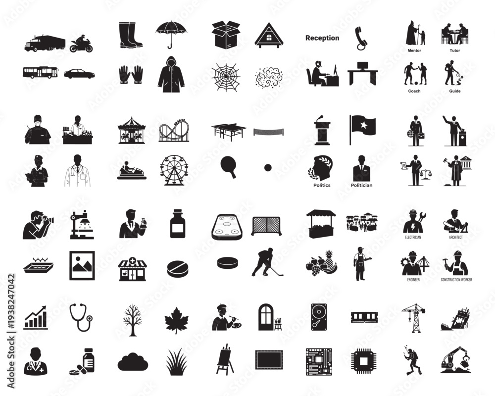 Fototapeta premium A collection of various black silhouettes on a white background, showcasing everyday life and objects in silhouette mode