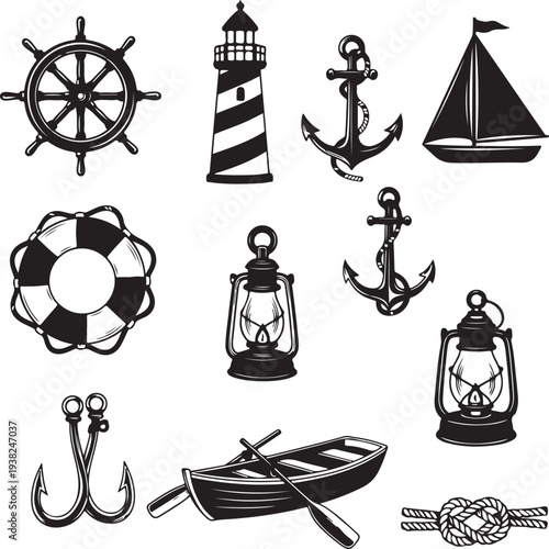 Nautical icons including anchors lighthouse and ship wheel