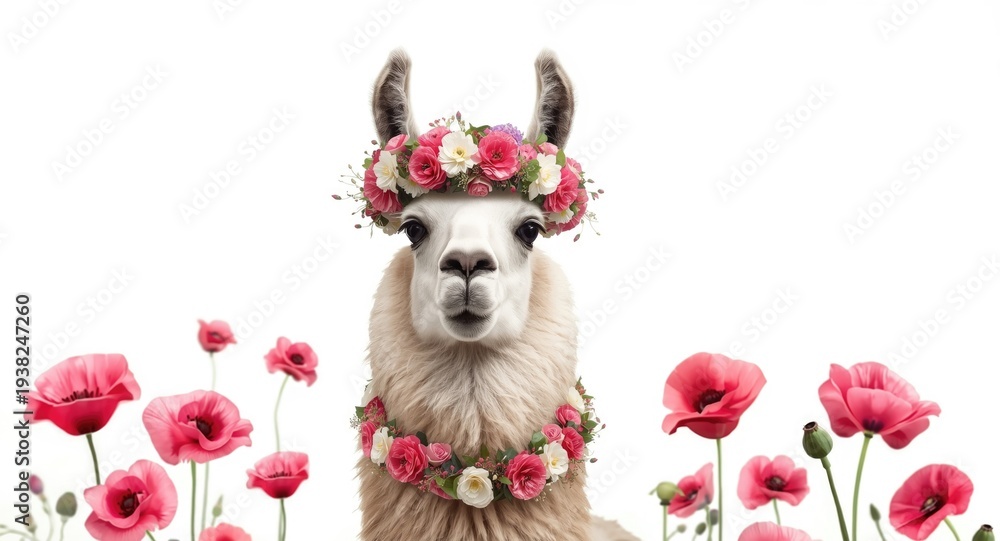 Fototapeta premium Adorable artistic portrayal of a flower garlanded llama in a child inspired style on white background with wild animals and vibrant pink poppy details