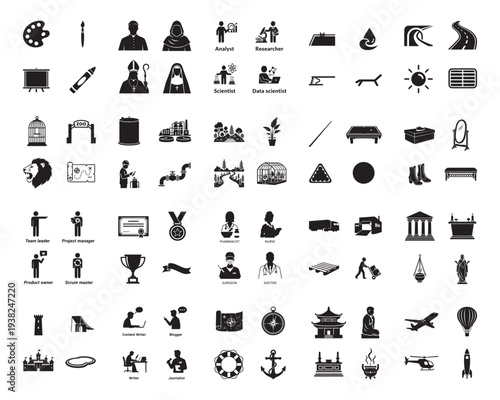 A collection of various black silhouettes of objects and people on a white background silhouette