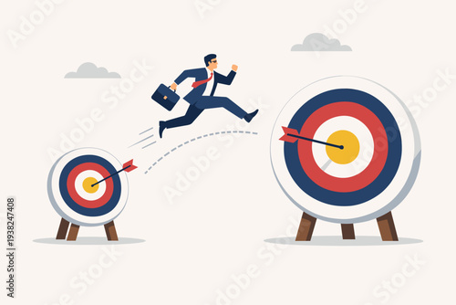 Businessman jumping from a small target to a larger one, symbolizing career advancement, business growth, setting higher goals, ambition, motivation, and achieving success in professional life.