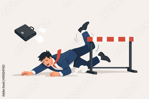 Businessman in a formal suit tripping over a hurdle and falling, symbolizing business failure, career obstacles, professional mistakes, and the inability to overcome difficult challenges.