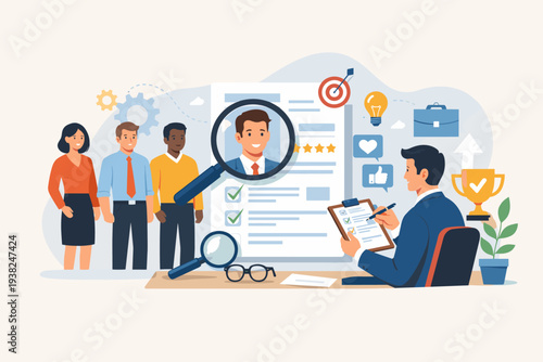 Professional Recruitment and Talent Acquisition Concept with HR Manager Evaluating Job Applicants, Reviewing Resumes, and Selecting Best Candidates for Employment and Career Growth Strategy.